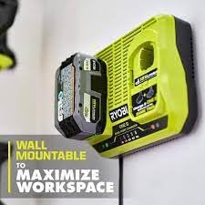 RYOBI ONE+ Dual-Port Charger two batteries charging simultaneously in use.