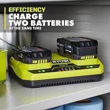 RYOBI ONE+ Dual-Port Charger wall-mount ready hangs neatly on a wall.