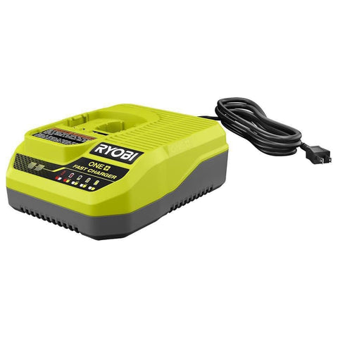 RYOBI ONE+ Fast Charger mounted on wall with LED indicators for quick 18V battery charging