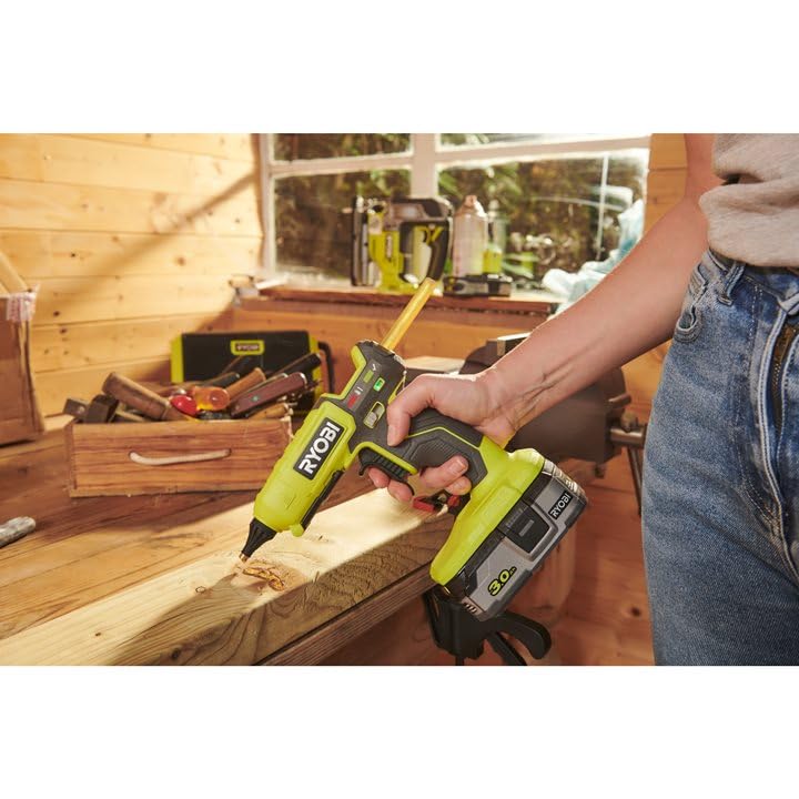 RYOBI ONE+ 18V glue gun suitable for paper, cardboard, leather, and wood.
