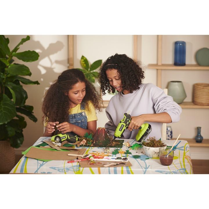 RYOBI ONE+ glue gun with removable residue tray for cleanup.