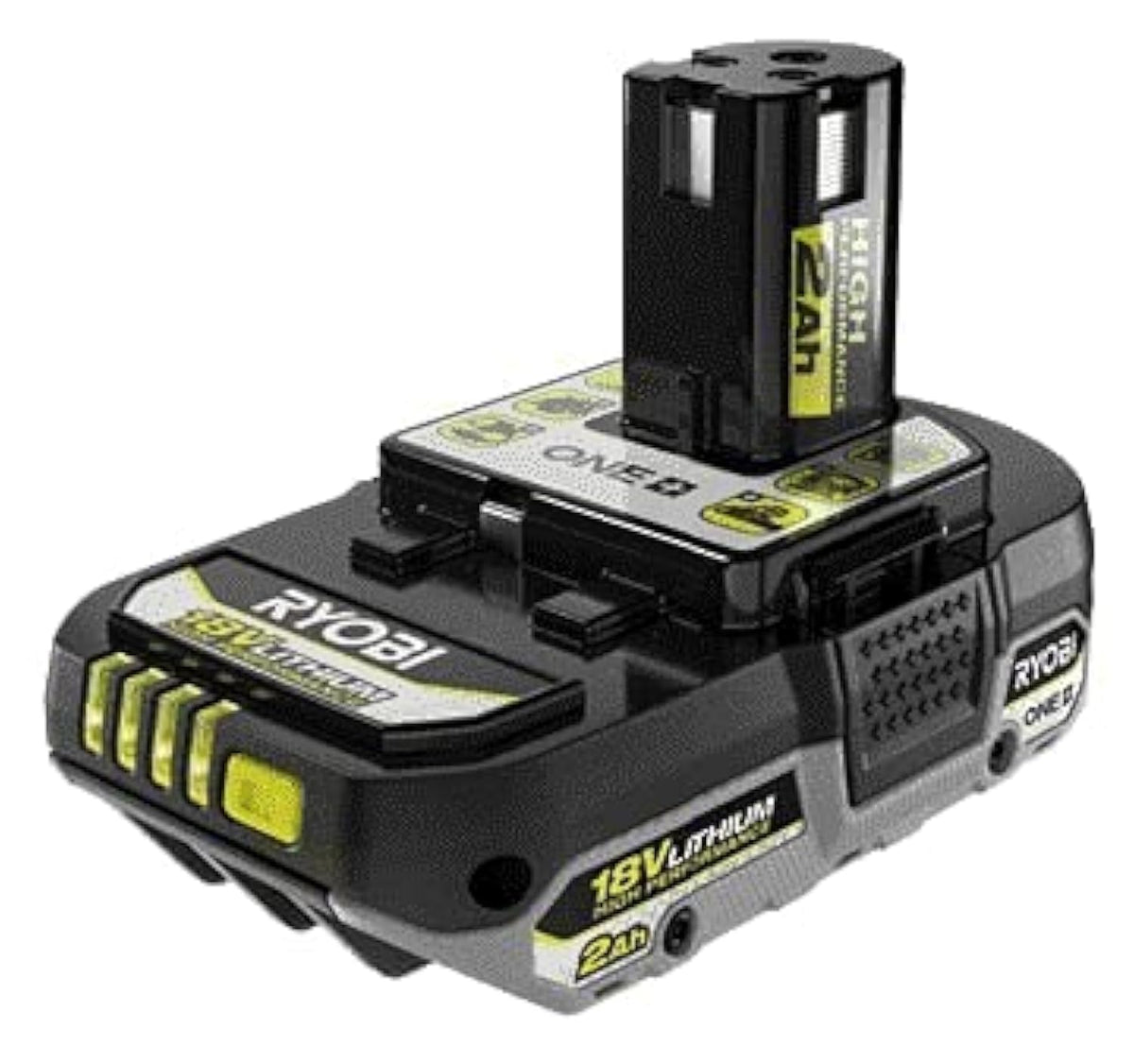 RYOBI PBP003 high-performance 2Ah battery front view for longer runtime.