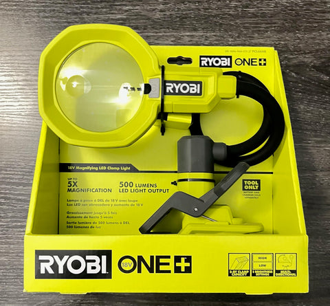RYOBI ONE+ LED magnifying clamp light with 3.5-inch lens for precise inspection and hands-free illumination.