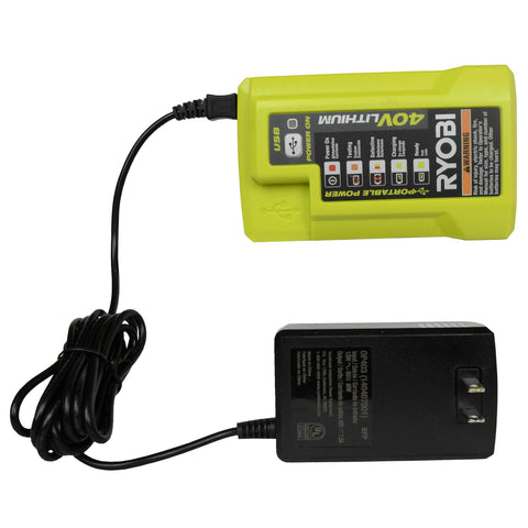RYOBI OP404 battery charger—front view, compact and ready for convenient charging.