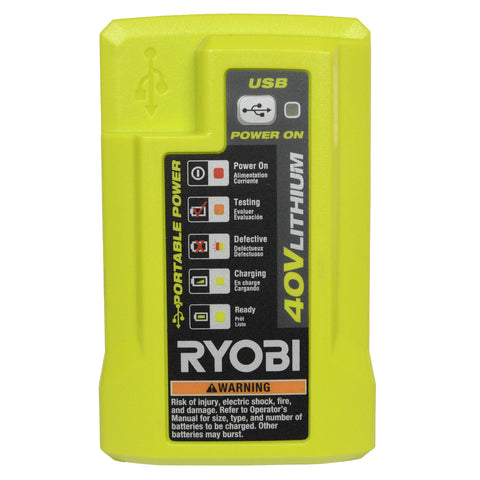 RYOBI OP404 battery charger wall-mount setup for space-saving storage.