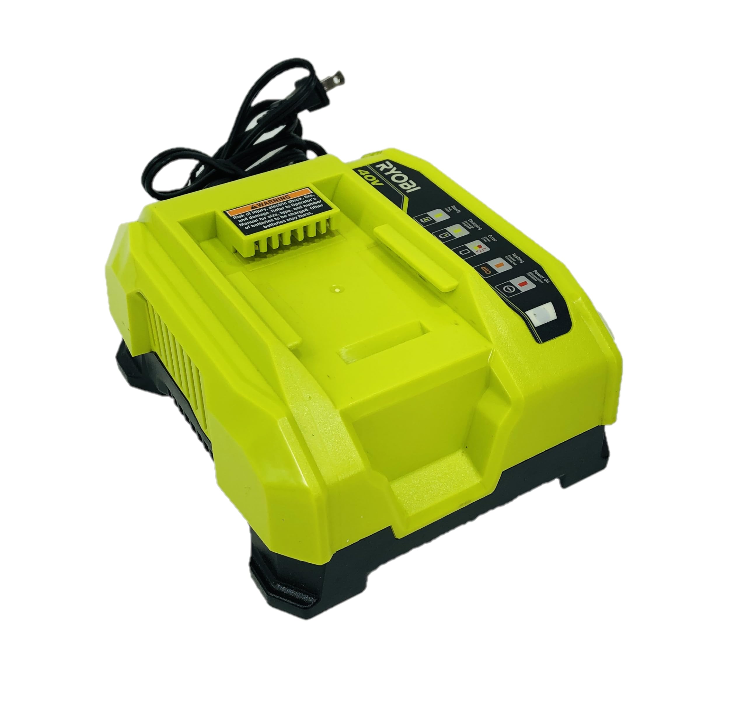 RYOBI OP406A front view of a compact charger ready for rapid 40V charging.