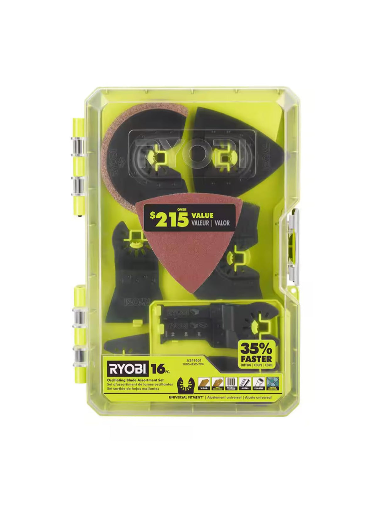 RYOBI 16-piece blade set packaging highlights versatile, adapter-free compatibility