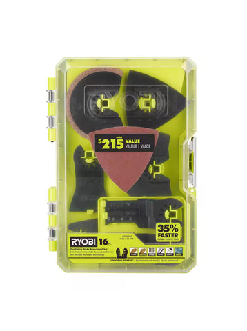 RYOBI 16-piece blade set packaging highlights versatile, adapter-free compatibility