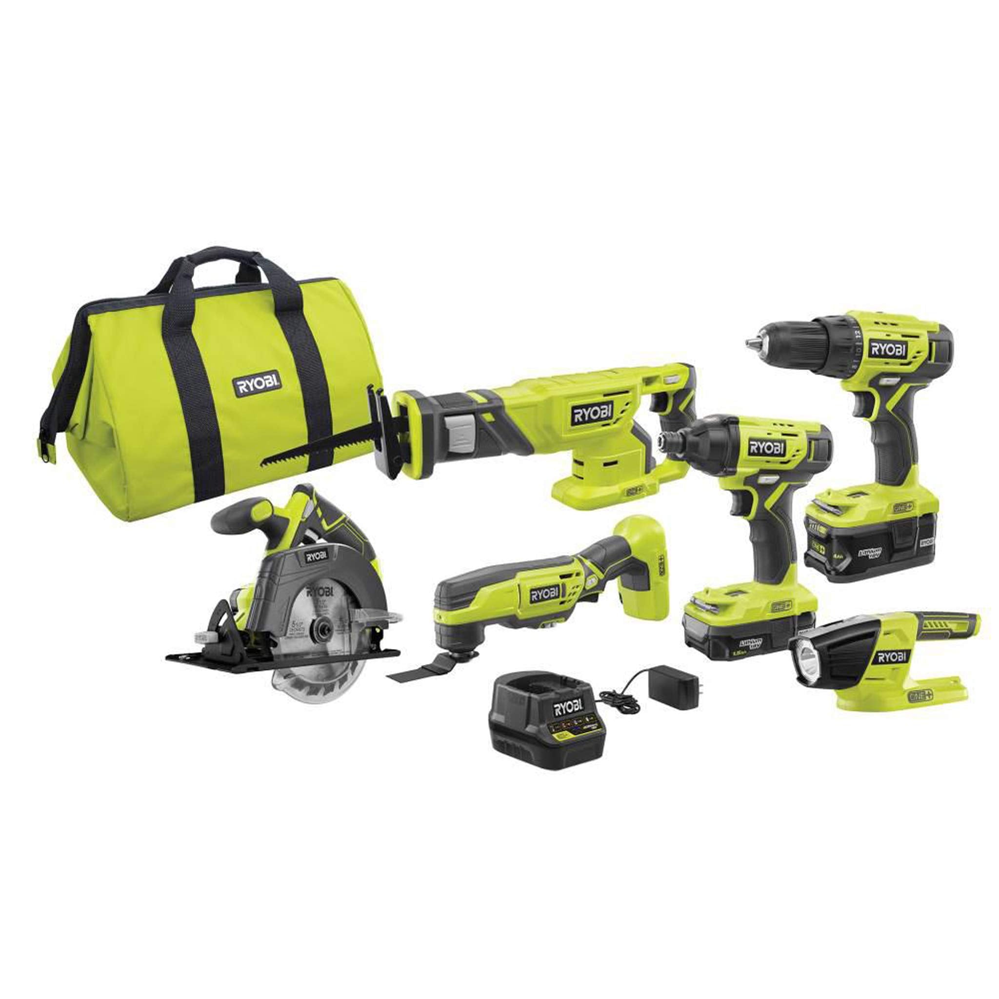 RYOBI P1819 kit contents shown for a complete 18V One+ setup