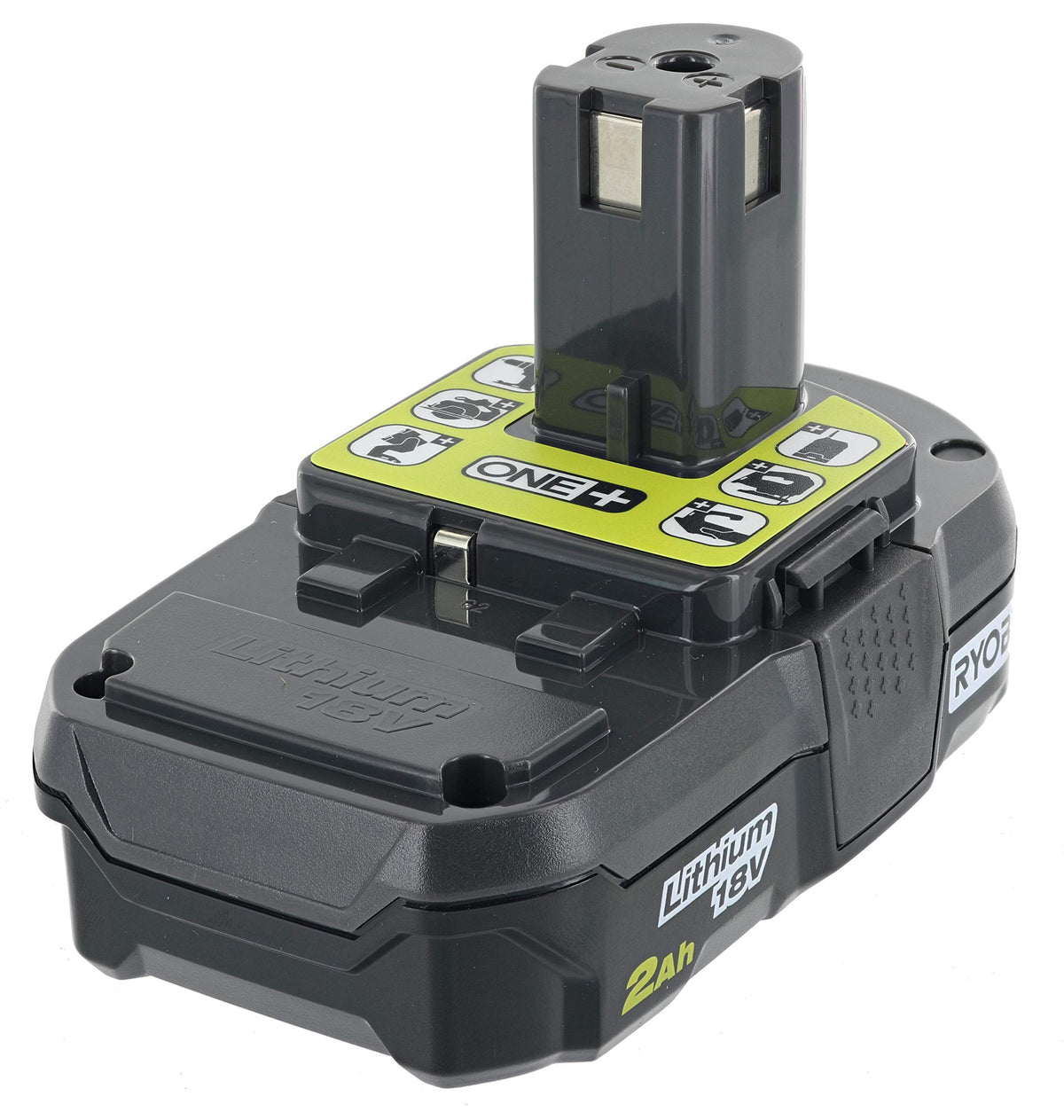RYOBI P190 battery front view highlighting compact design for easier handling