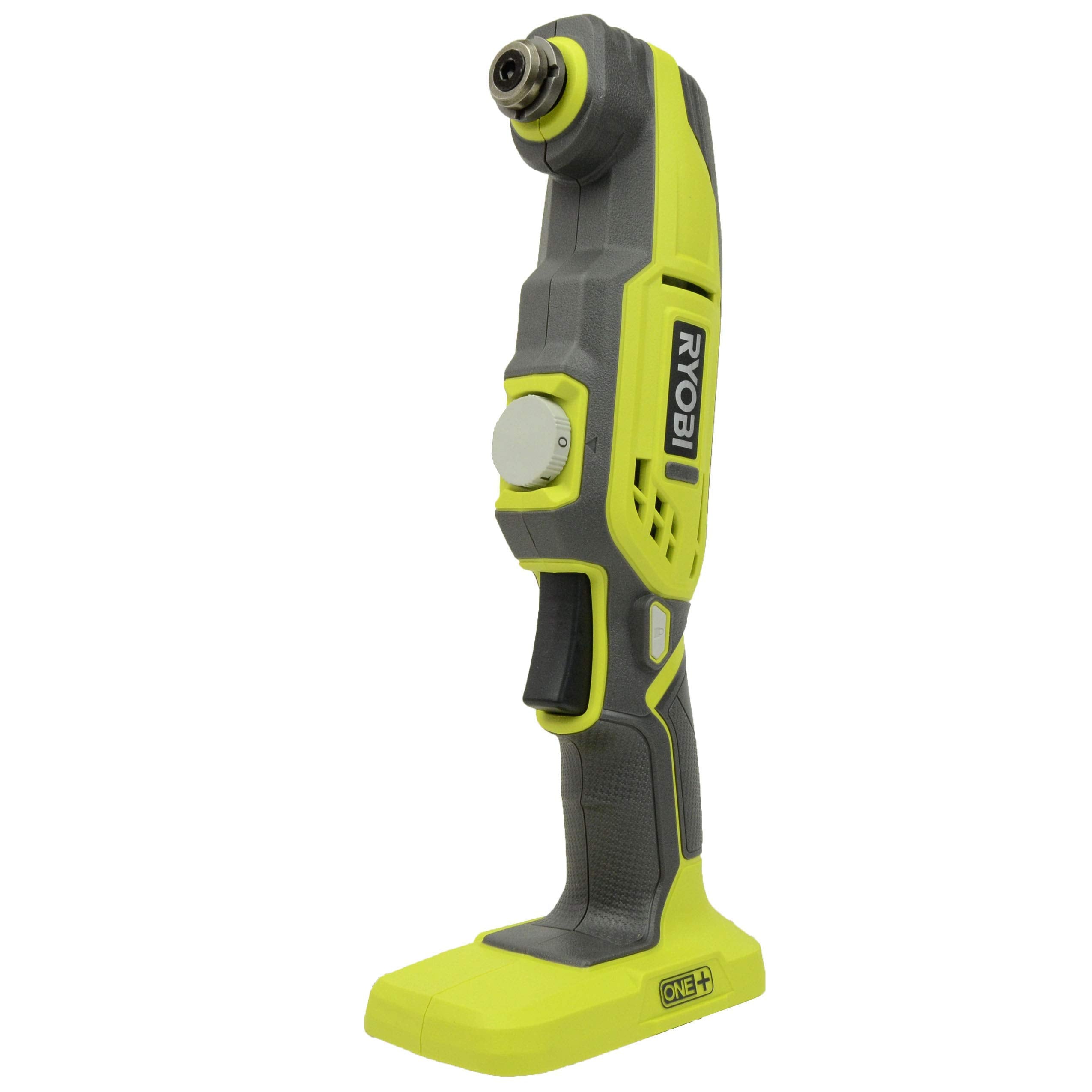 RYOBI P343 attachment heads close-up enabling easy blade and sanding pad changes.