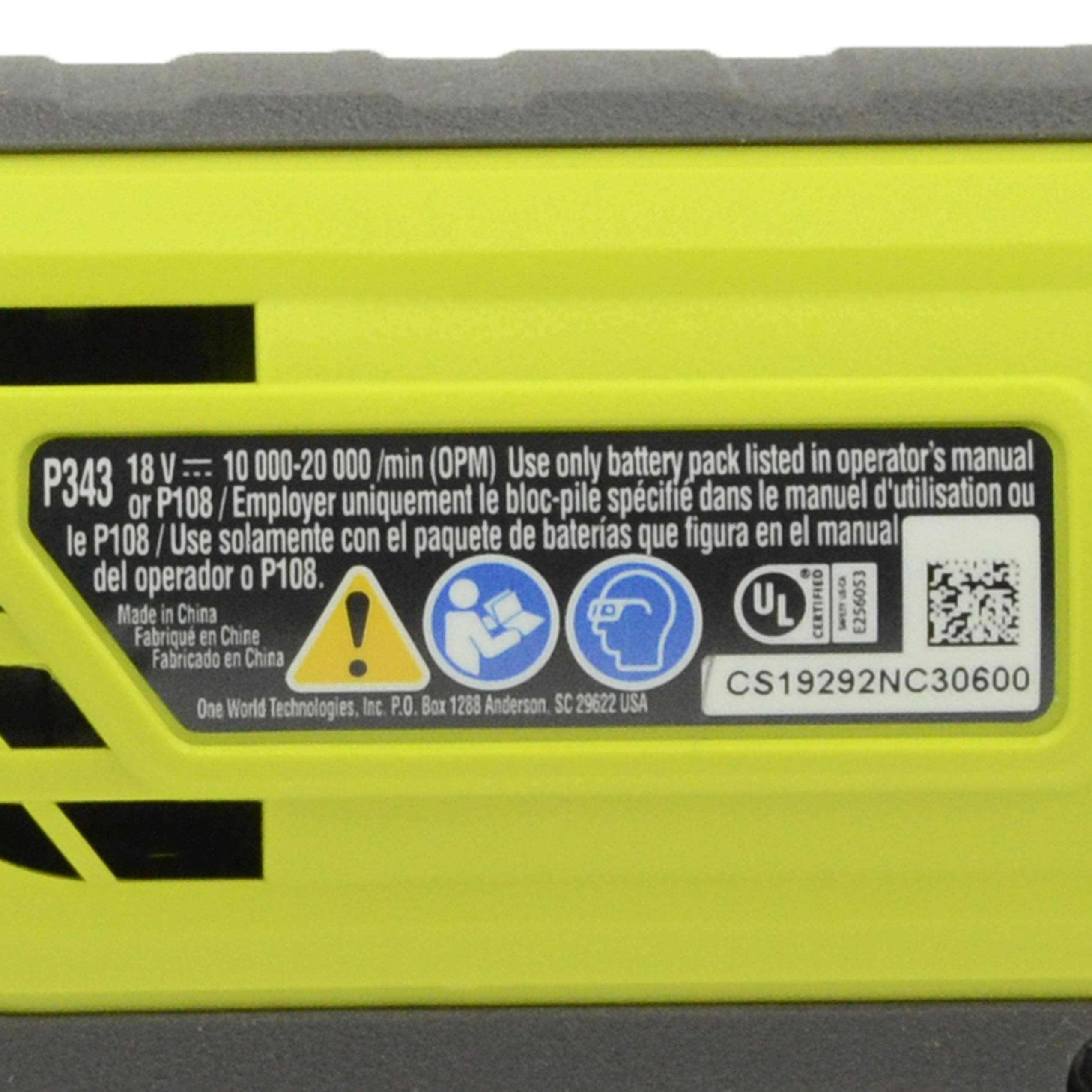 RYOBI P343 variable speed dial enables precise control across materials.