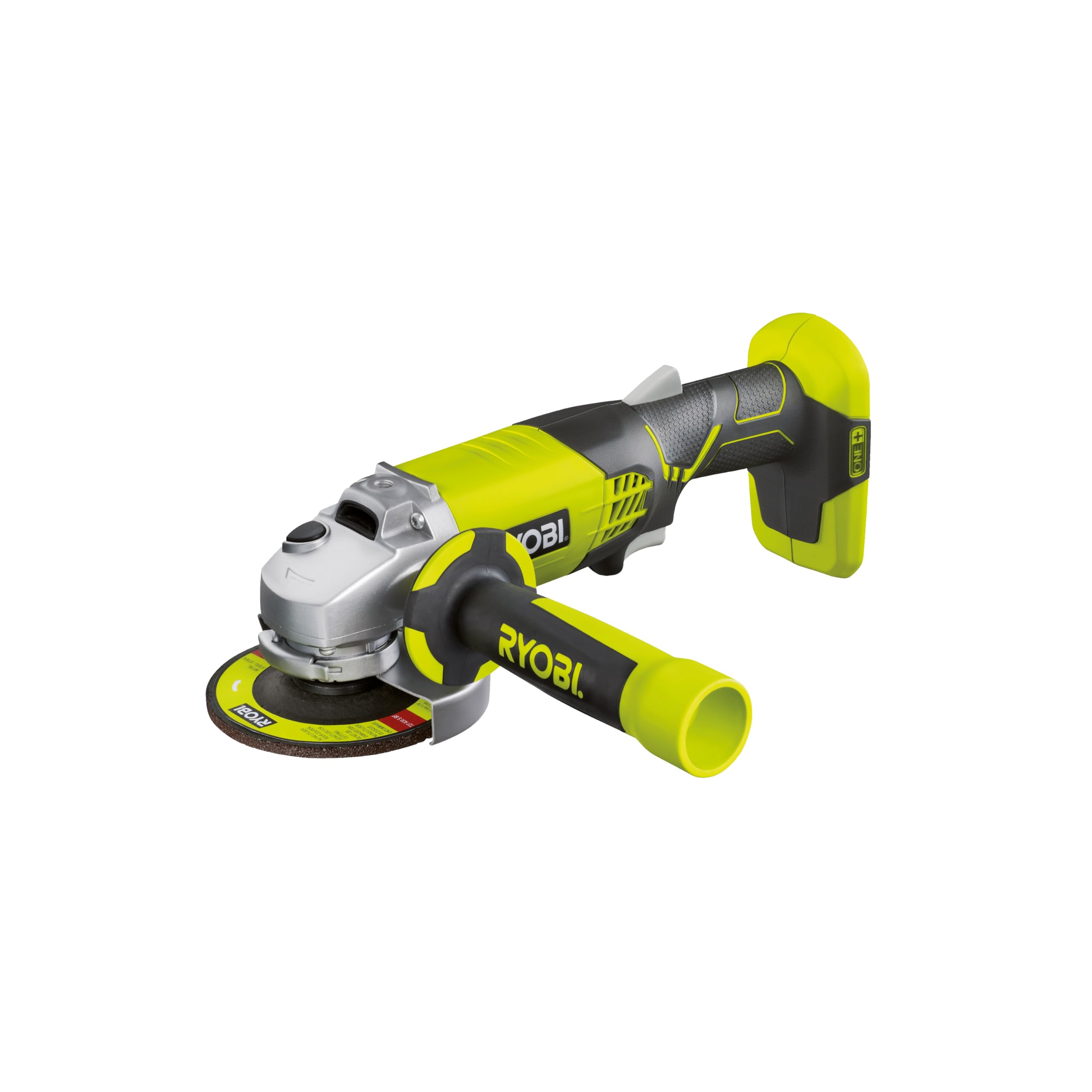 Ryobi R18AG-0 cordless angle grinder with angled head for tight spaces.
