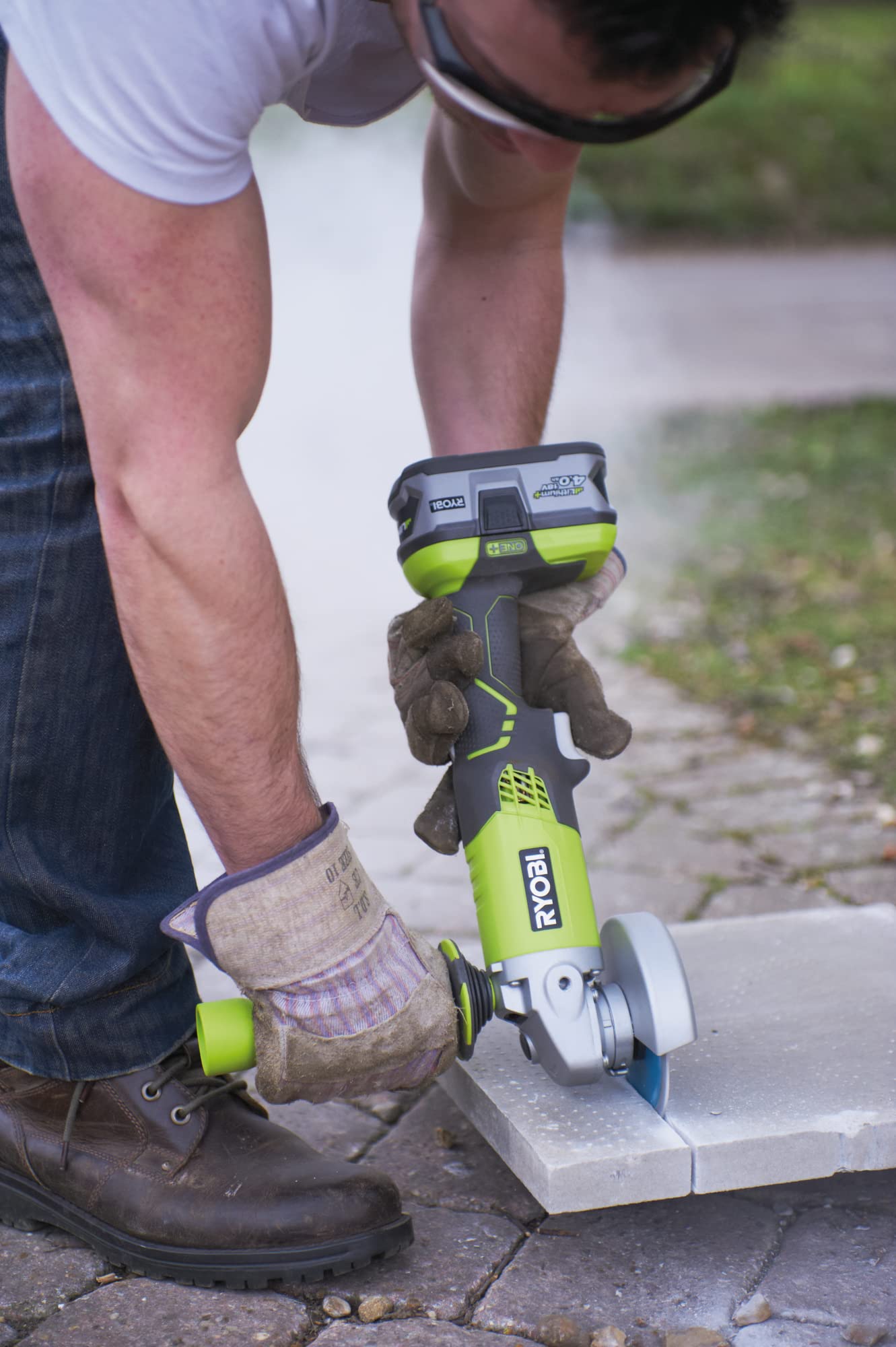 Ryobi R18AG-0 in-use with ONE+ cordless design for versatile projects.