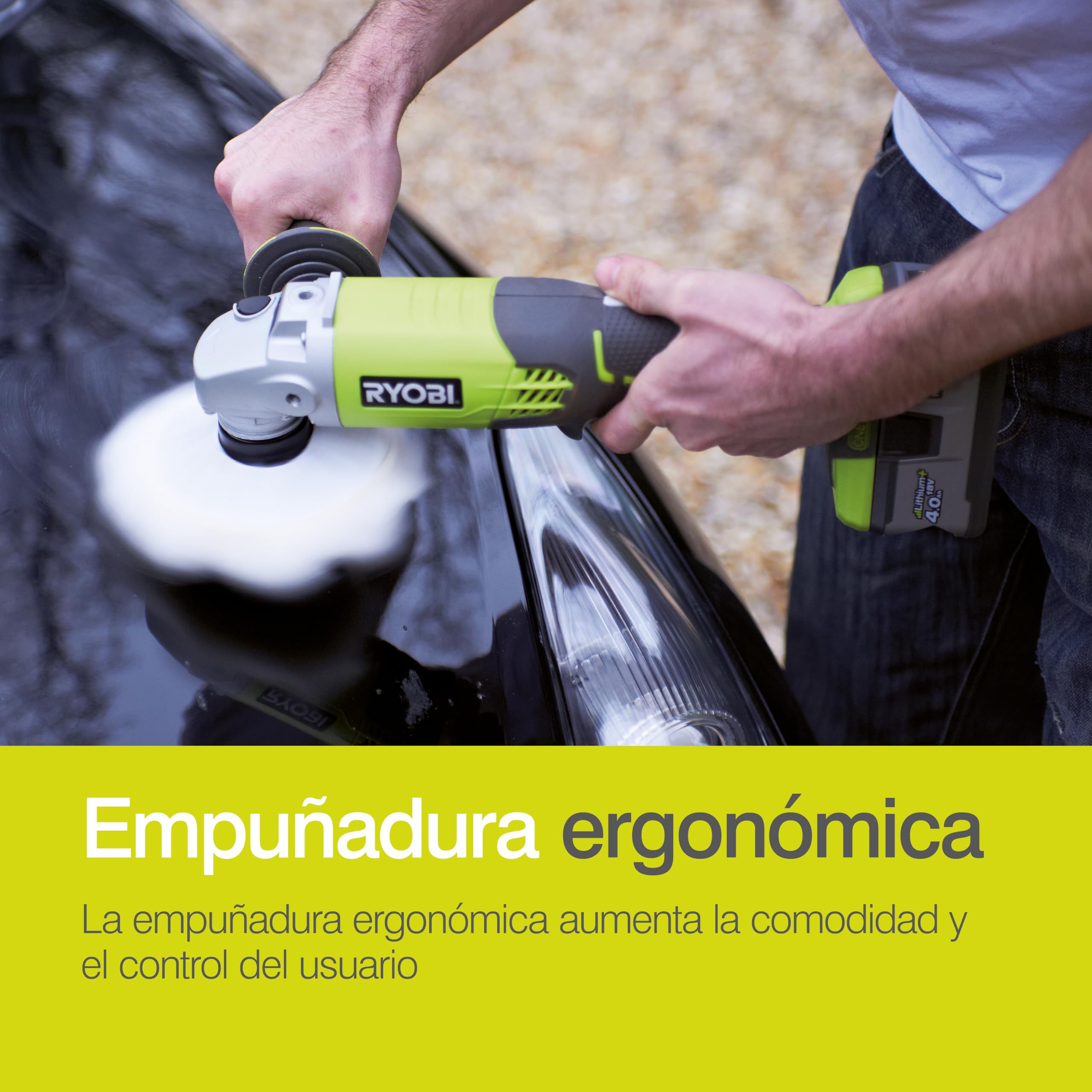 Ryobi R18AG-0 safety guard in place for controlled operation.