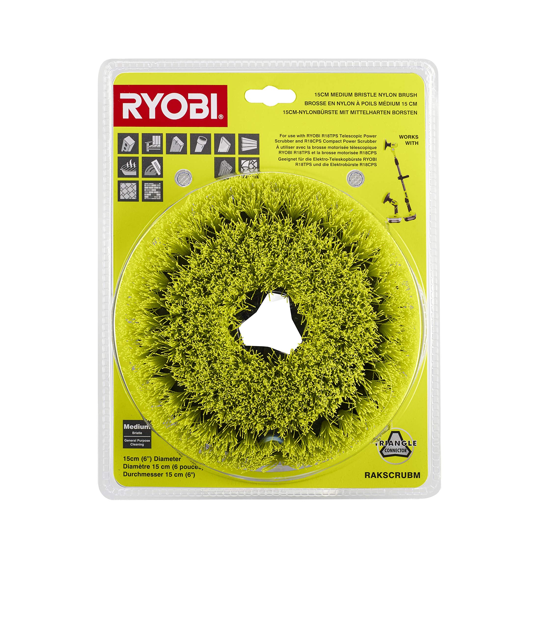 Ryobi RAKSCRUBM 6-inch nylon brush for outdoor cleaning on furniture