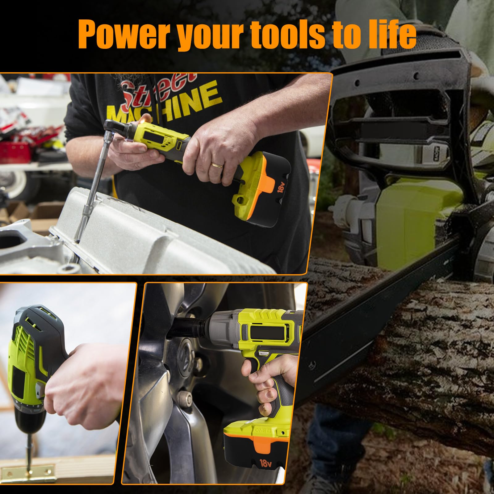 Ryobi tools ready to work with Reoben replacement battery in use.