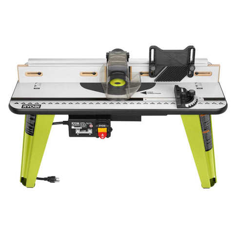 RYOBI A25RT03 router table top view highlights large 32x16 inch workspace for flexible setups.