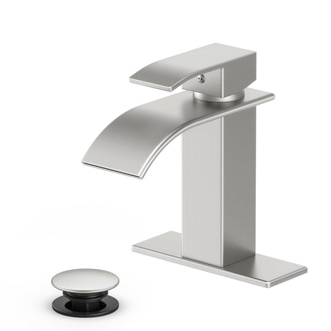 Ryuwanku bathroom faucet front view shows a clean, modern brushed nickel finish.