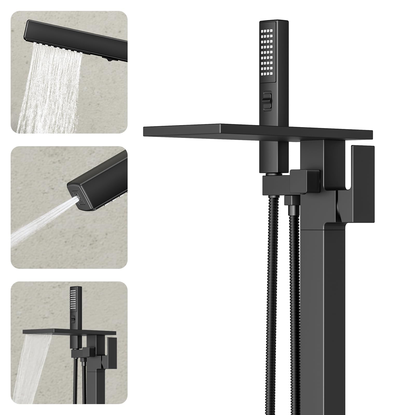 Ryuwanku freestanding tub filler with waterfall spout for a sleek, fast-fill bath.