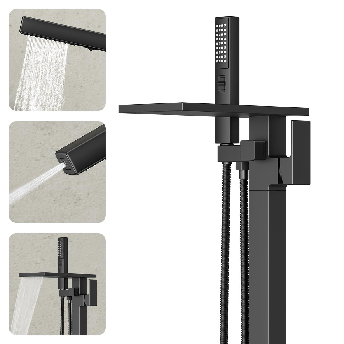 Ryuwanku freestanding tub filler with waterfall spout for a sleek, fast-fill bath.