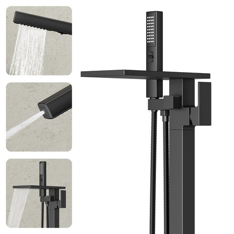 Ryuwanku freestanding tub filler with waterfall spout for a sleek, fast-fill bath.