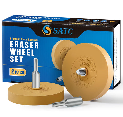 S SATC decal remover wheel 2-pack in action, removing car emblems smoothly