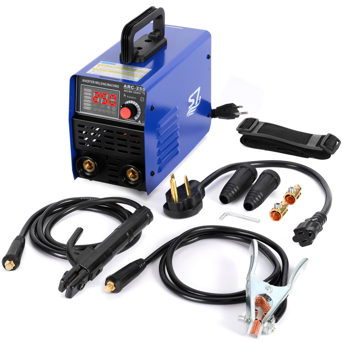 S7 250A stick welder front view showing a ready-to-weld setup