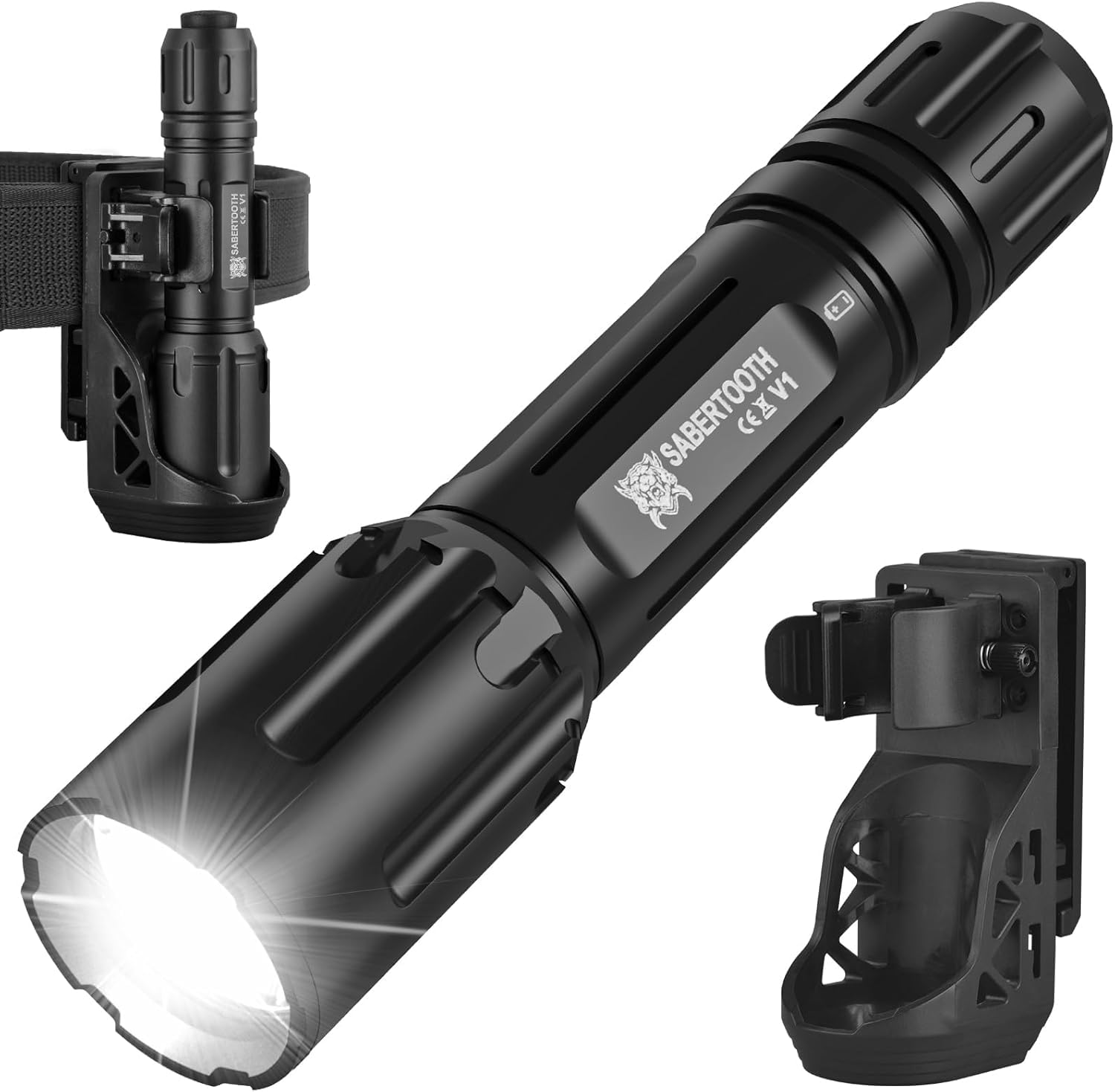 SABERTOOTH V1 police tactical flashlight beam distance shown for patrol visibility up to 420 meters