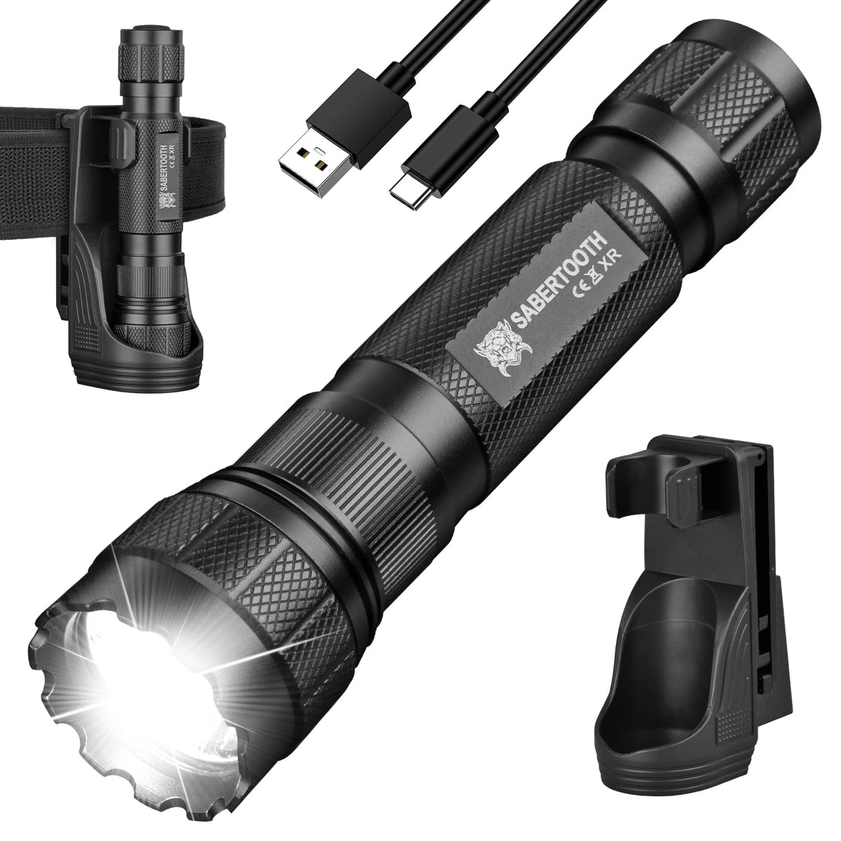 SABERTOOTH XR3.0 flashlight mounted on belt holster for hands-free duty use.