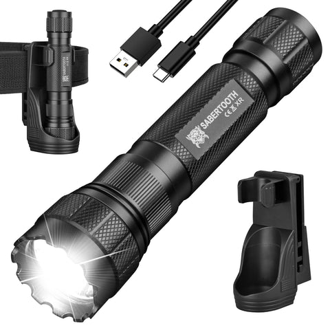 SABERTOOTH XR3.0 flashlight mounted on belt holster for hands-free duty use.