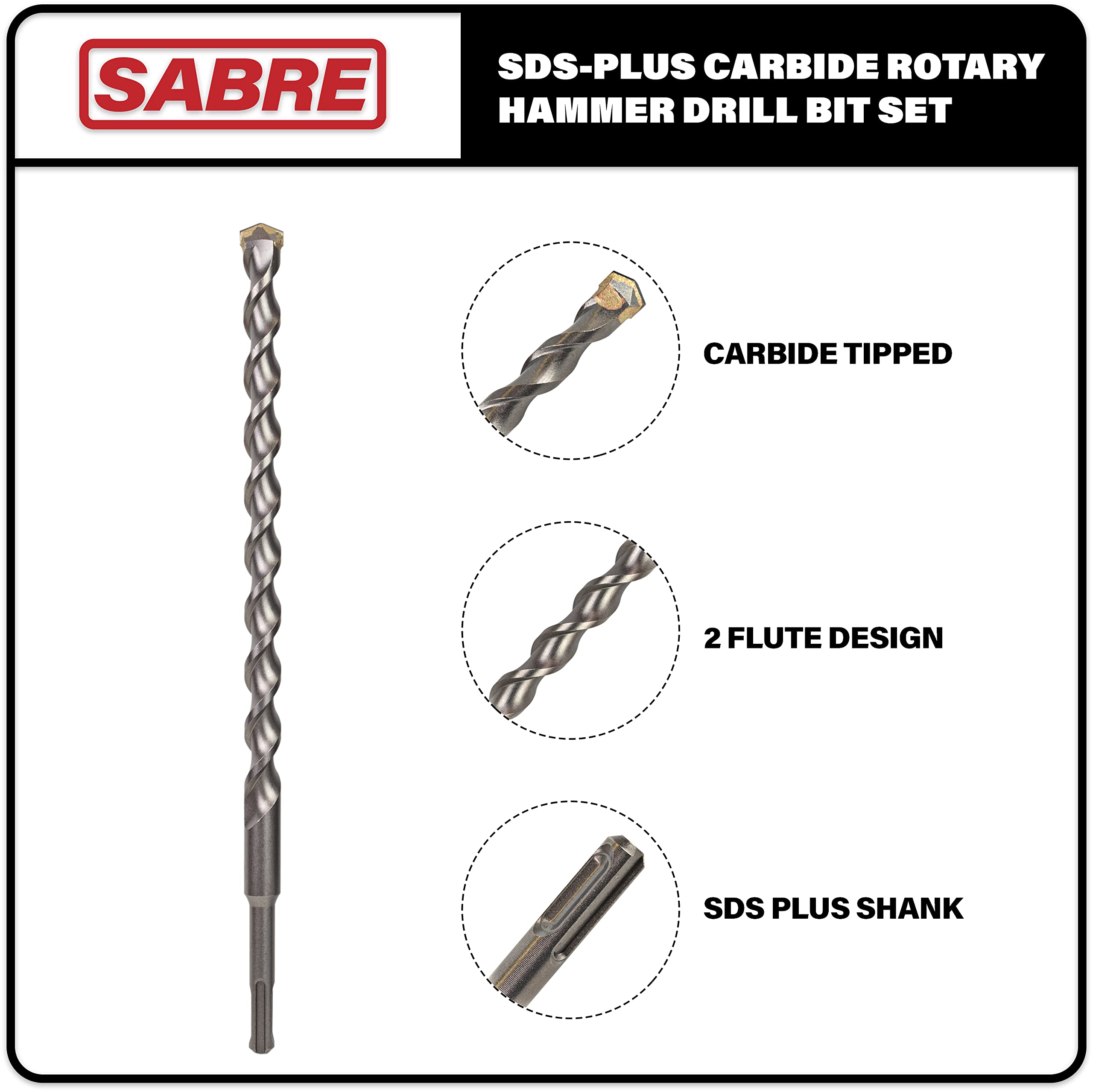 Sabre Tools 3/8x12 SDS Plus bit delivers accurate holes in brick and concrete.