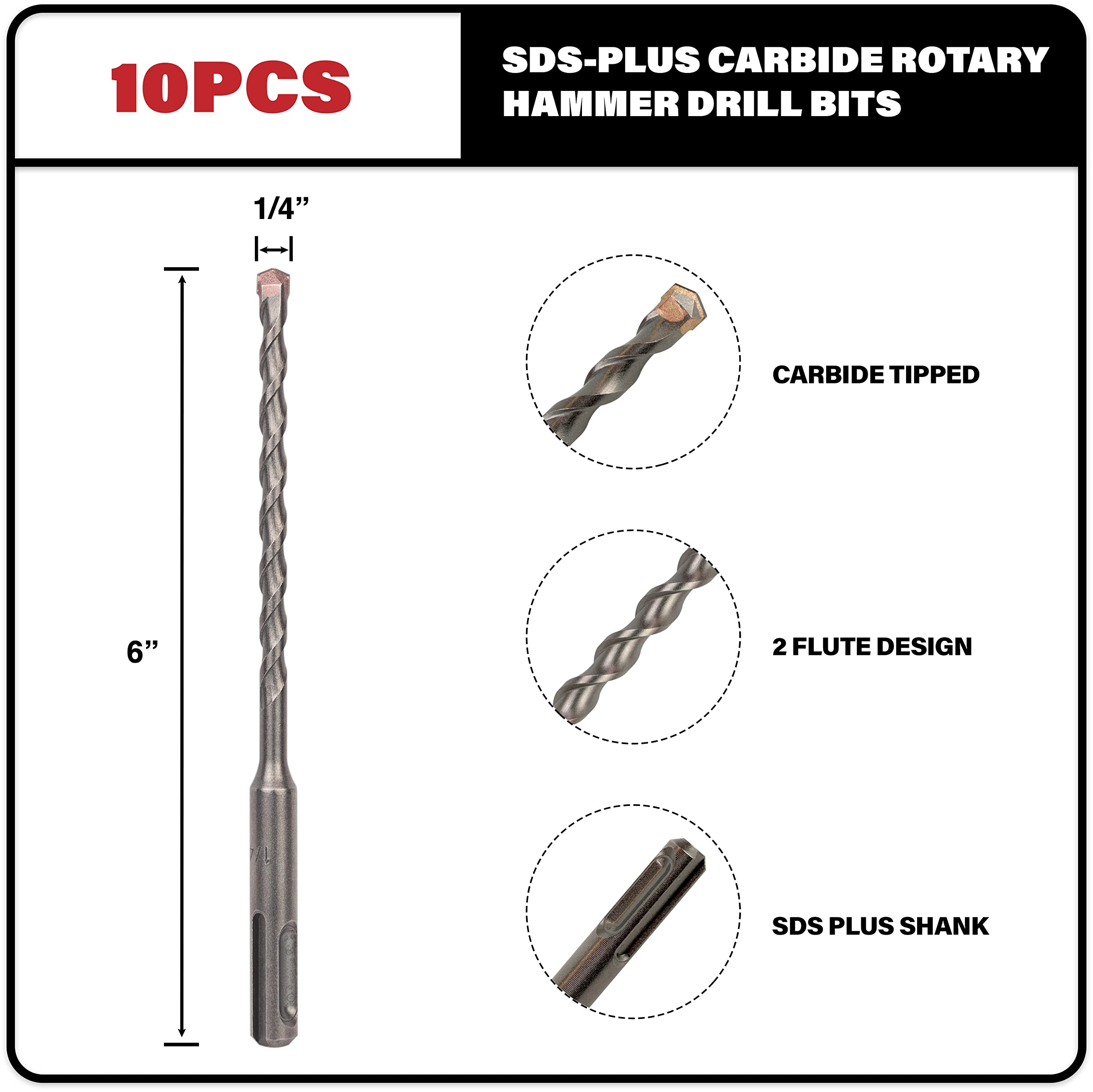 Sabre Tools carbide-tipped SDS Plus bit, 1/4 in x 6 in, quick-cut performance.