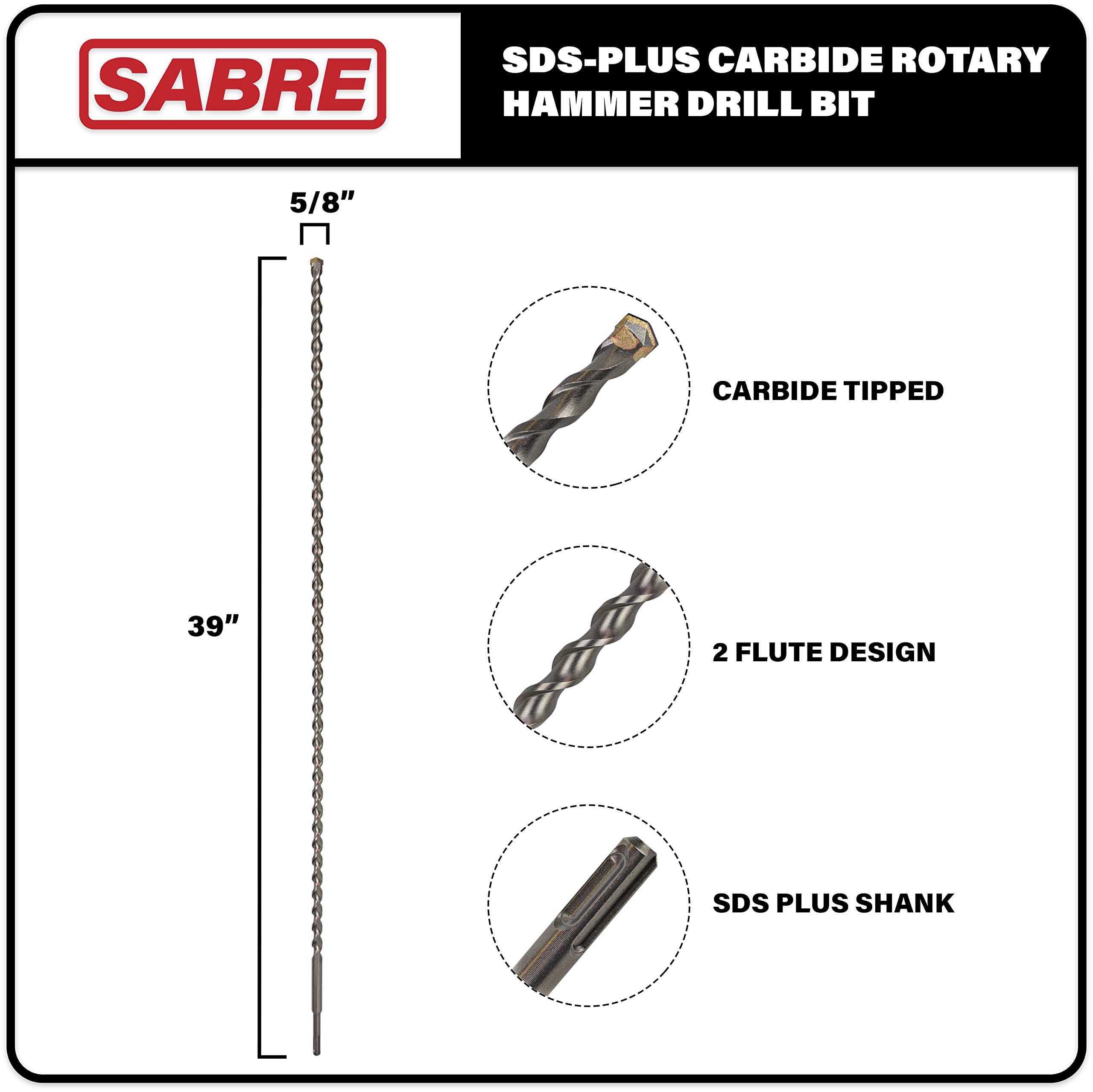 Sabre Tools carbide tipped SDS Plus bit enables faster cuts.