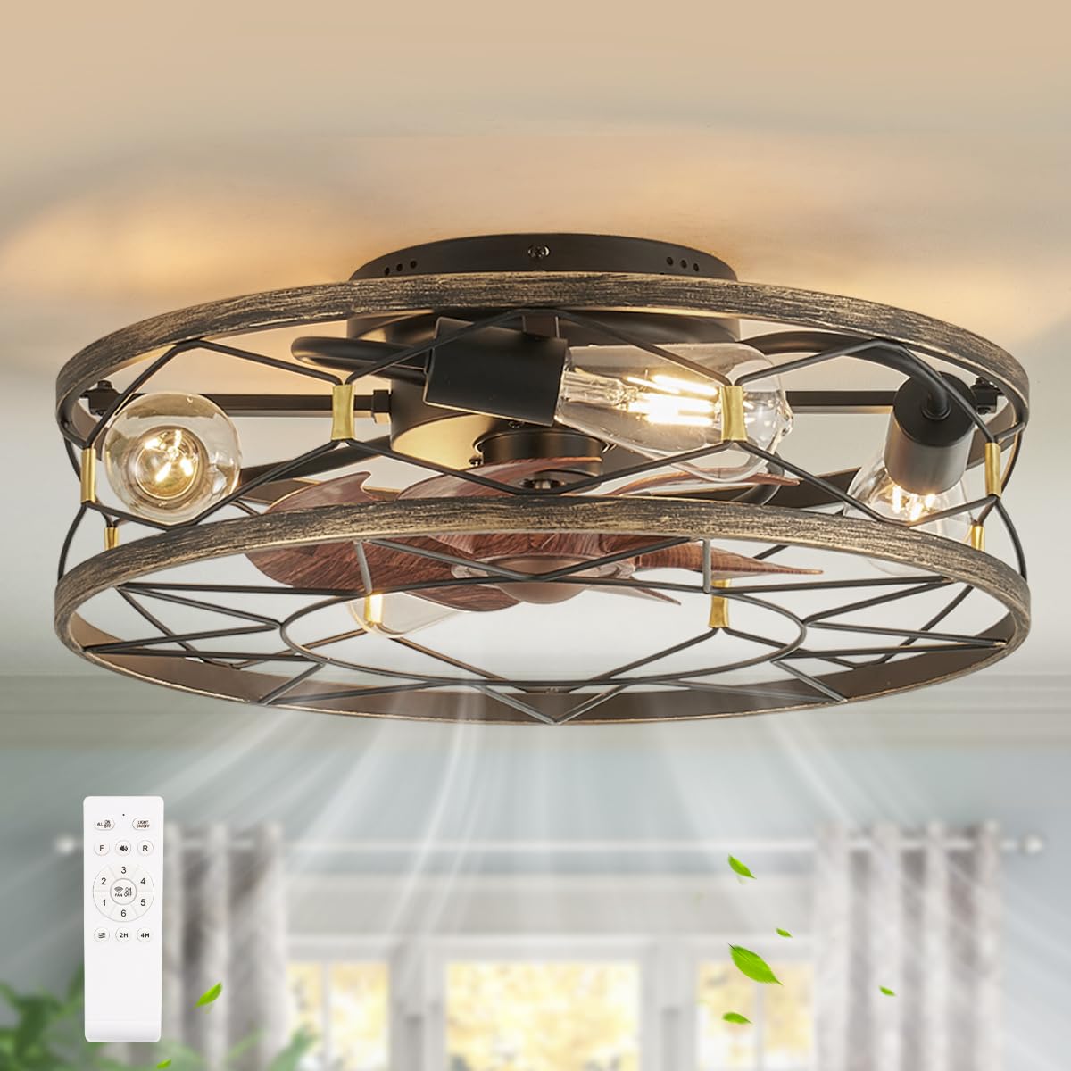 SabvioZh farmhouse caged ceiling fan with light, flush mount ideal for living spaces and bedrooms.