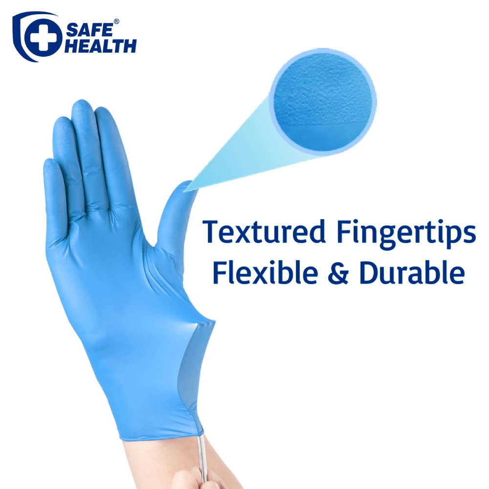 Safe Health nitrile gloves blue textured fingertips for precise grip