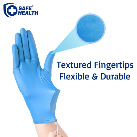 Safe Health nitrile gloves blue textured fingertips for precise grip