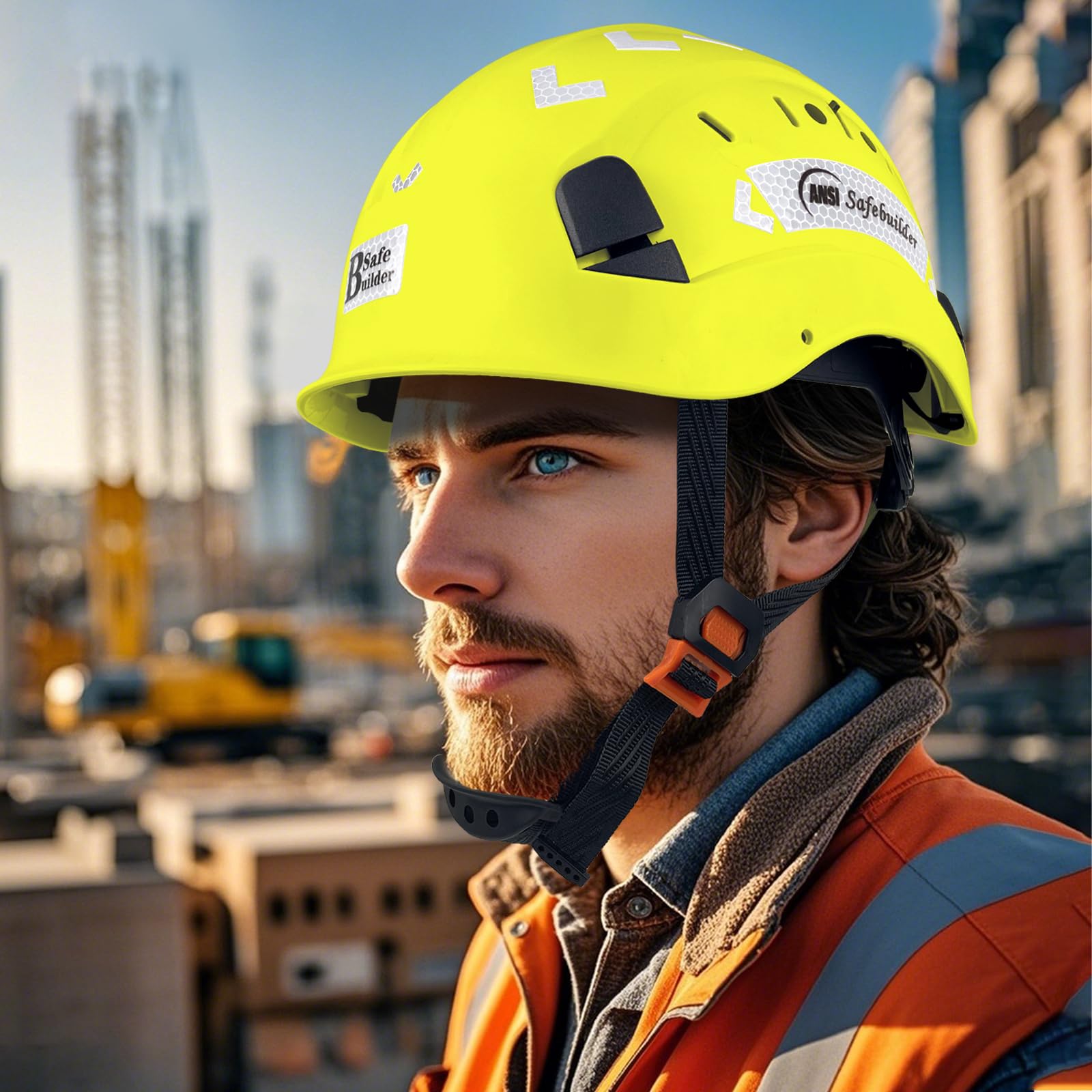 SAFEBUILDER fluorescent yellow safety helmet enhances visibility on site