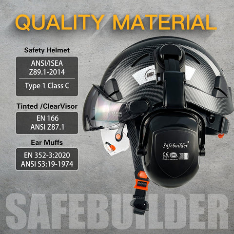 SAFEBUILDER adjustable head size range 53-63 cm for customizable fit.