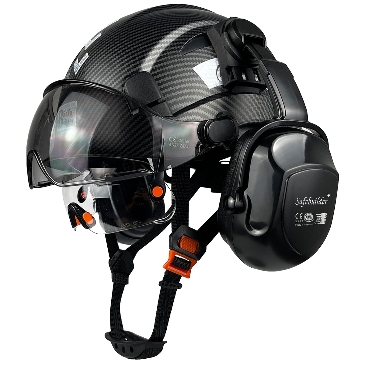 SAFEBUILDER safety helmet matte black with clear visor for reliable head protection on site.