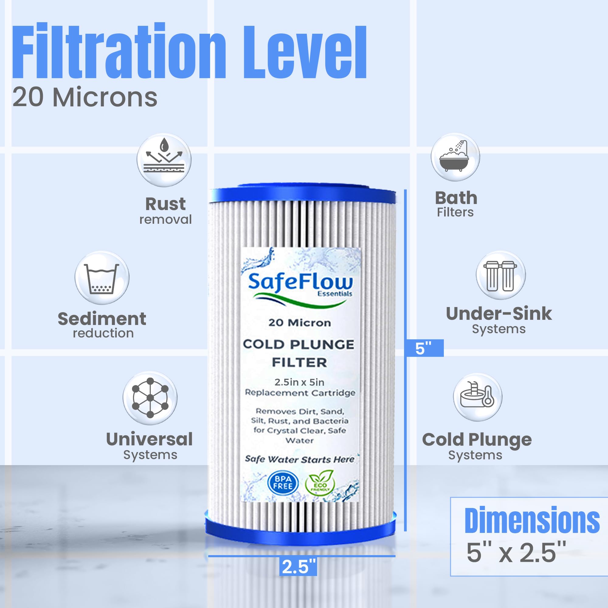 SafeFlow Essentials 20 micron reduces sediment and rust in bath water.