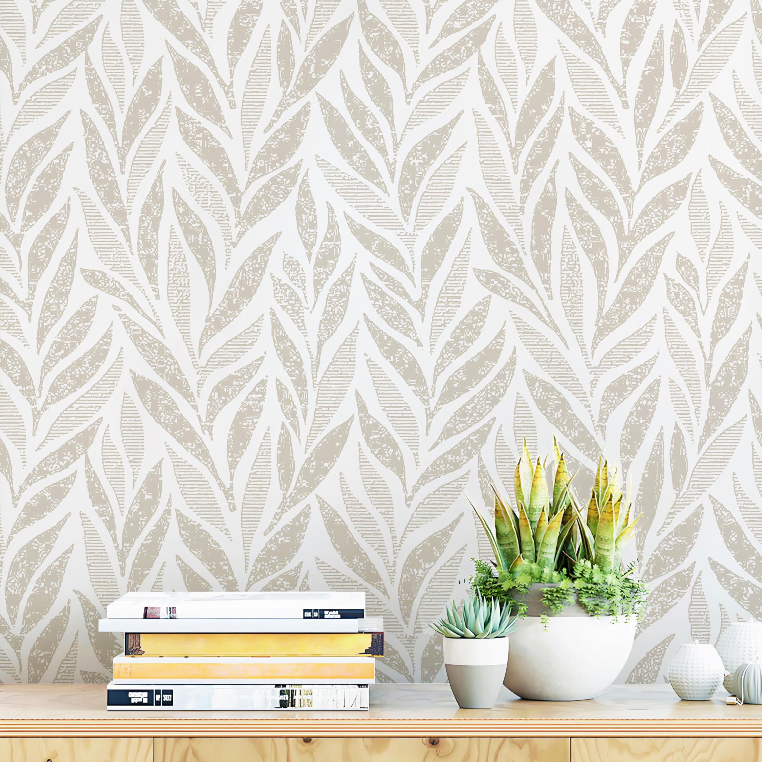 Safiyya leaf-pattern wallpaper roll in beige and white with easy installation