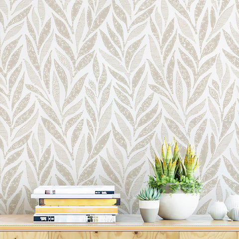 Safiyya leaf-pattern wallpaper roll in beige and white with easy installation