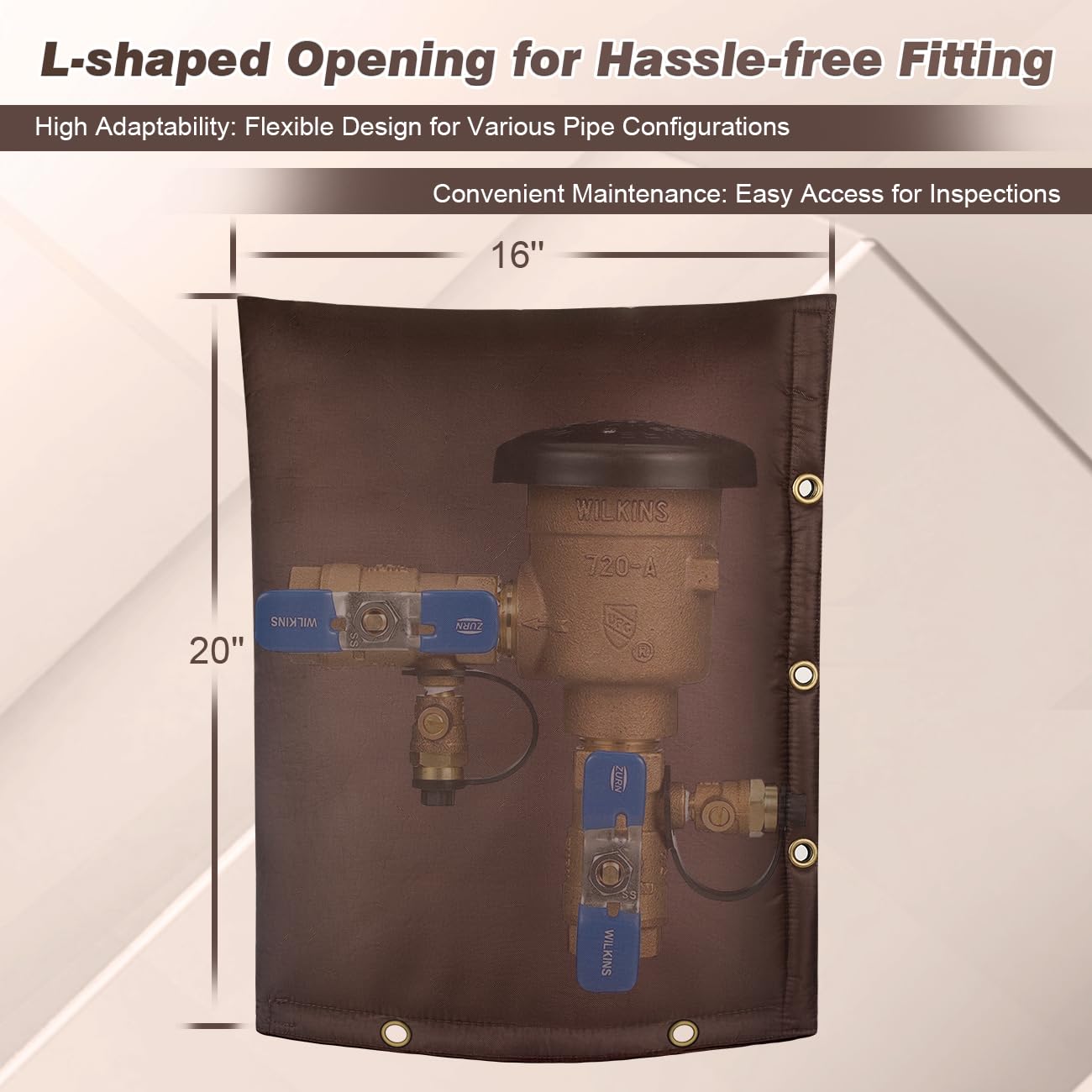 Safoner backflow insulation cover side view, rugged brown design withstands harsh weather.