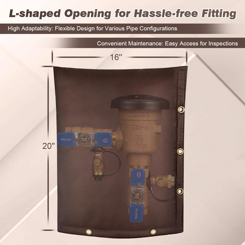 Safoner backflow insulation cover side view, rugged brown design withstands harsh weather.