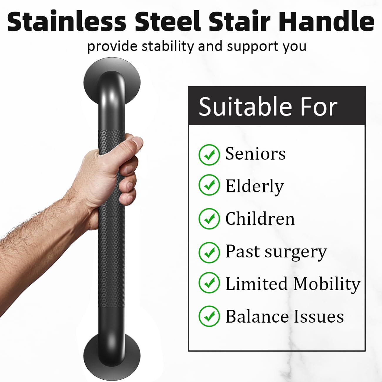 Sahans wall-mount handrail improves accessibility on stairways and decks.
