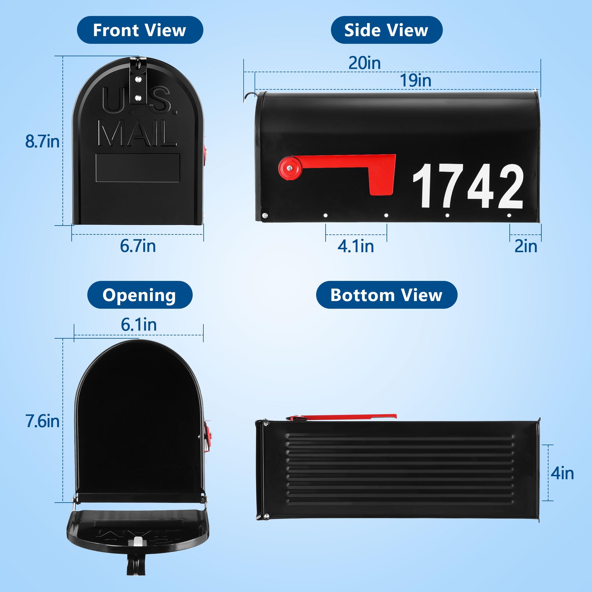 Saillong mailbox side view highlights robust post mount design for long-term outdoor use.