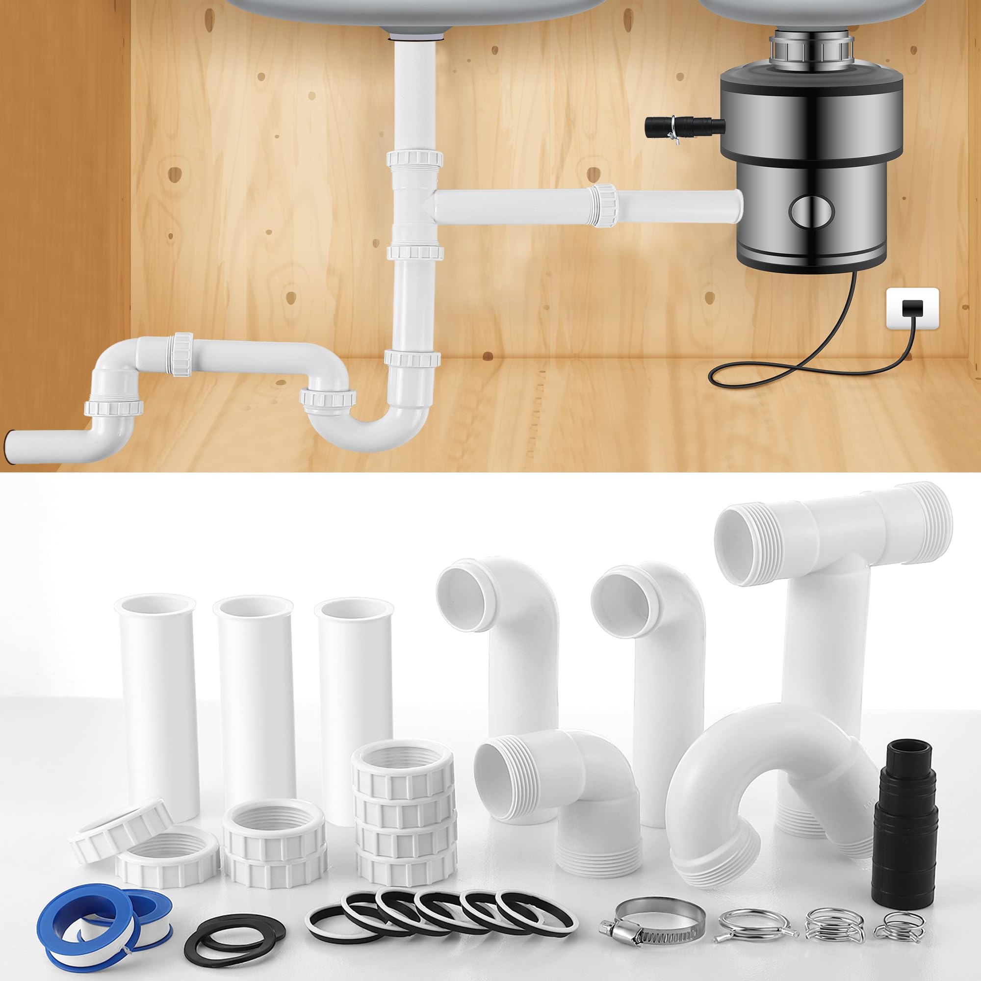Saillong garbage disposal kit overview showing a complete under-sink solution for double bowls.