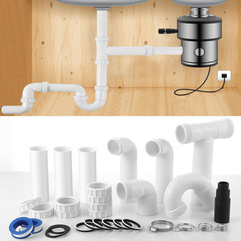 Saillong garbage disposal kit overview showing a complete under-sink solution for double bowls.