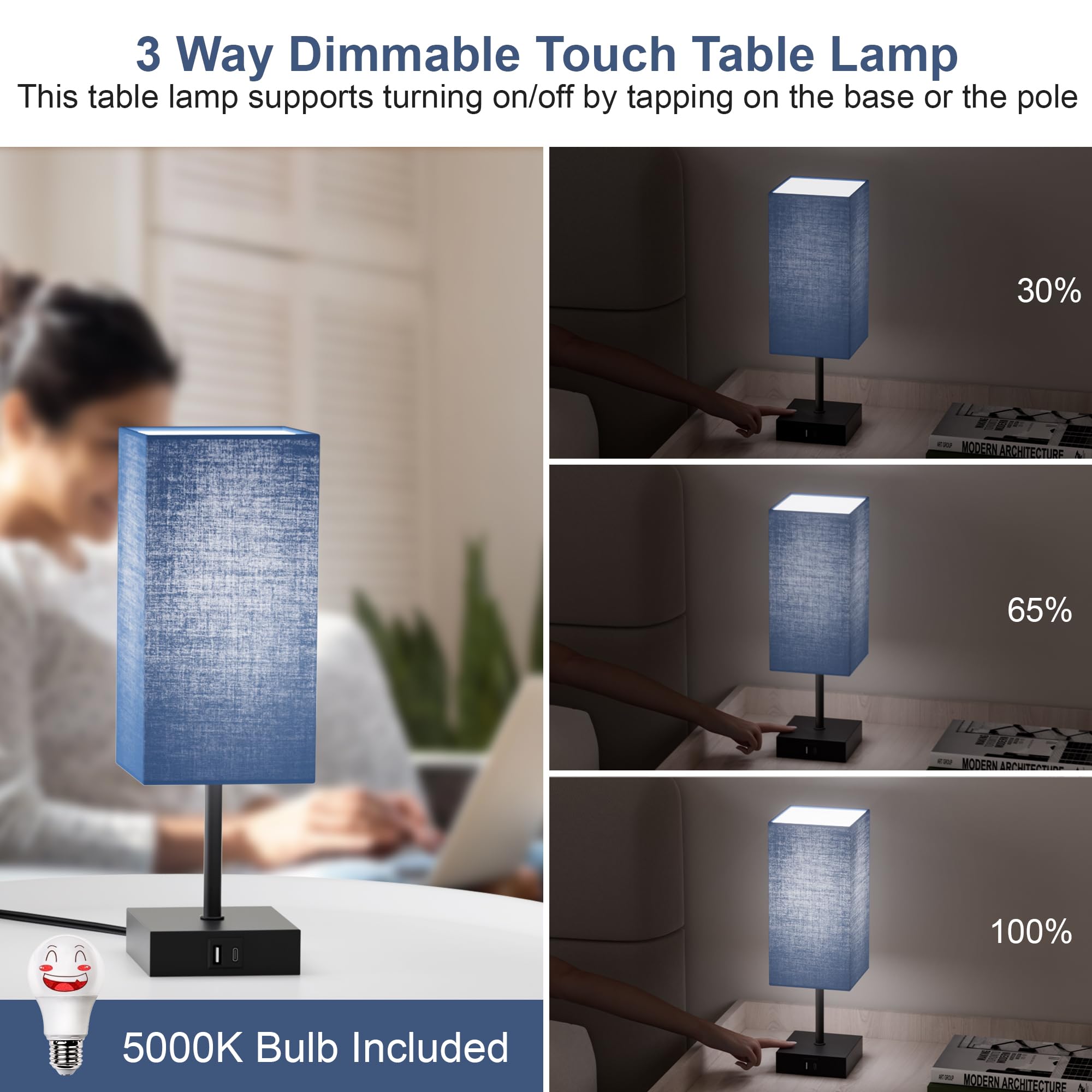 Reader-friendly Sailstar lamp with 3-way dimming touch control for easy lighting at night.